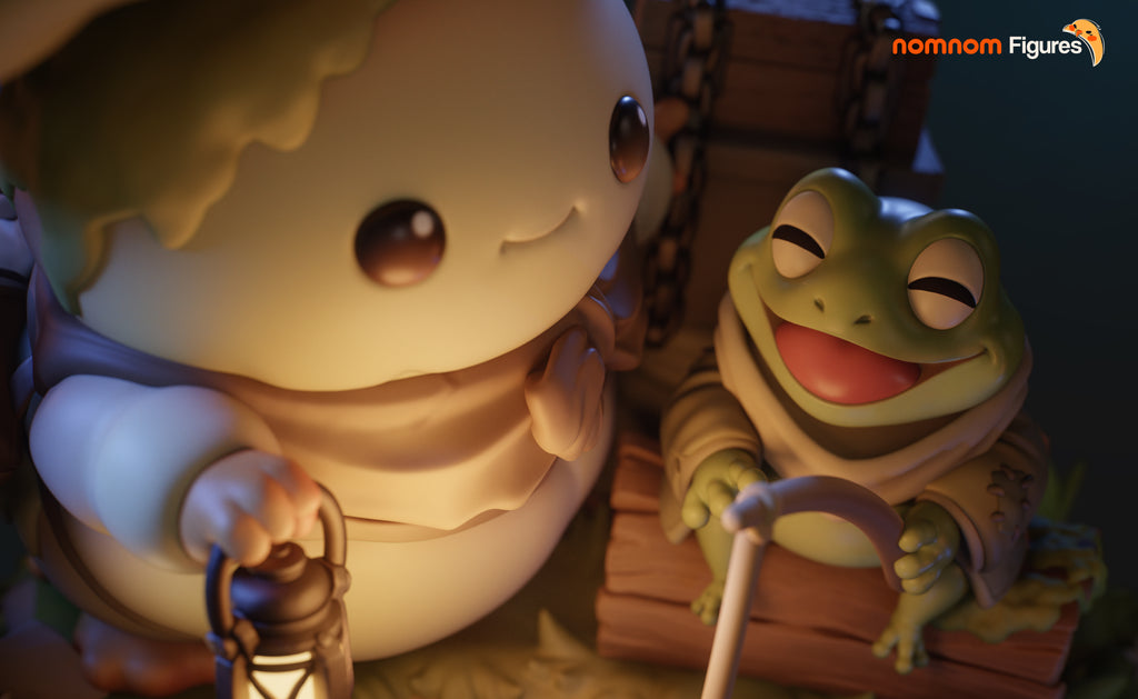 Mushroom Traveler & Fishing Frog Collectible - Chibi Diorama by Nomnom Figures