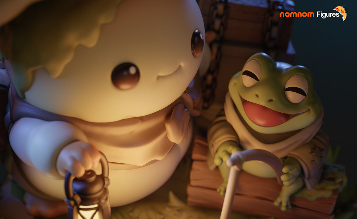 Mushroom Traveler & Fishing Frog Collectible - Chibi Diorama by Nomnom Figures