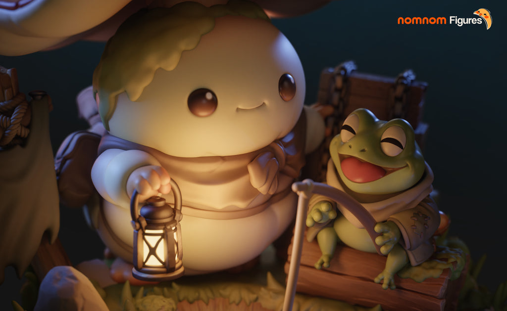Mushroom Traveler & Fishing Frog Collectible - Chibi Diorama by Nomnom Figures