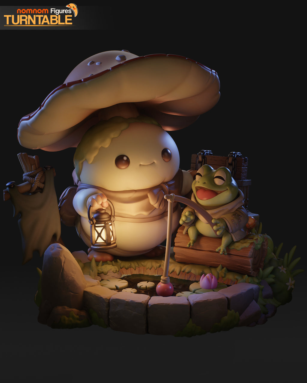 Mushroom Traveler & Fishing Frog Collectible - Chibi Diorama by Nomnom Figures