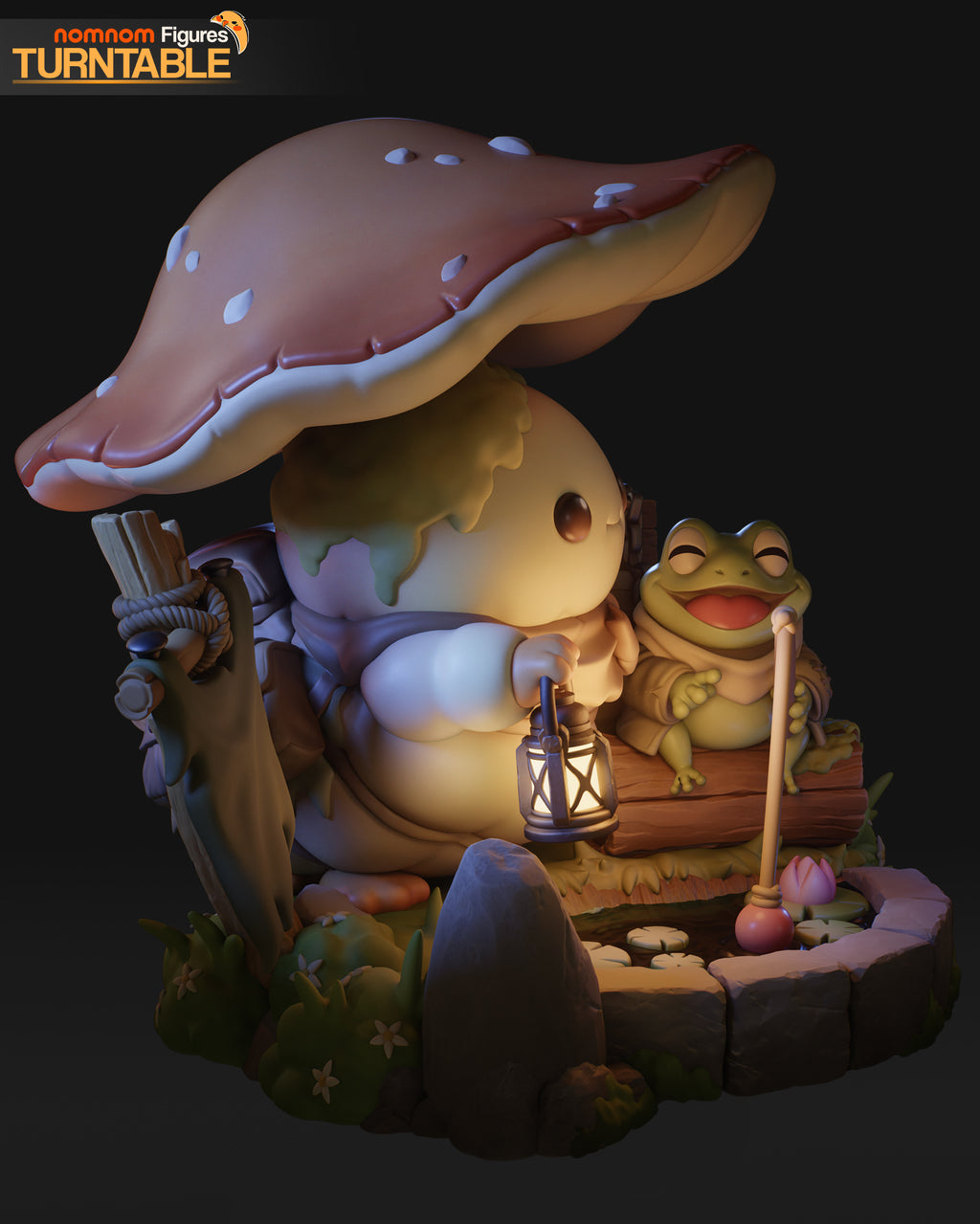 Mushroom Traveler & Fishing Frog Collectible - Chibi Diorama by Nomnom Figures