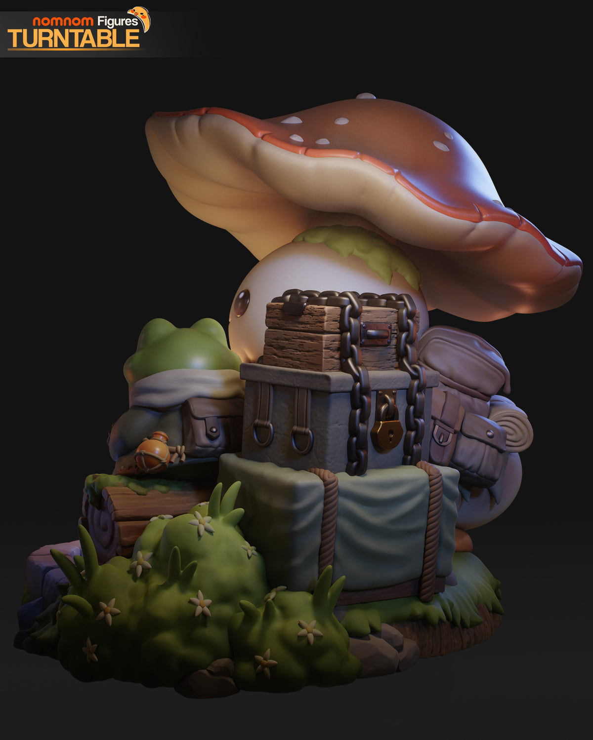 Mushroom Traveler & Fishing Frog Collectible - Chibi Diorama by Nomnom Figures