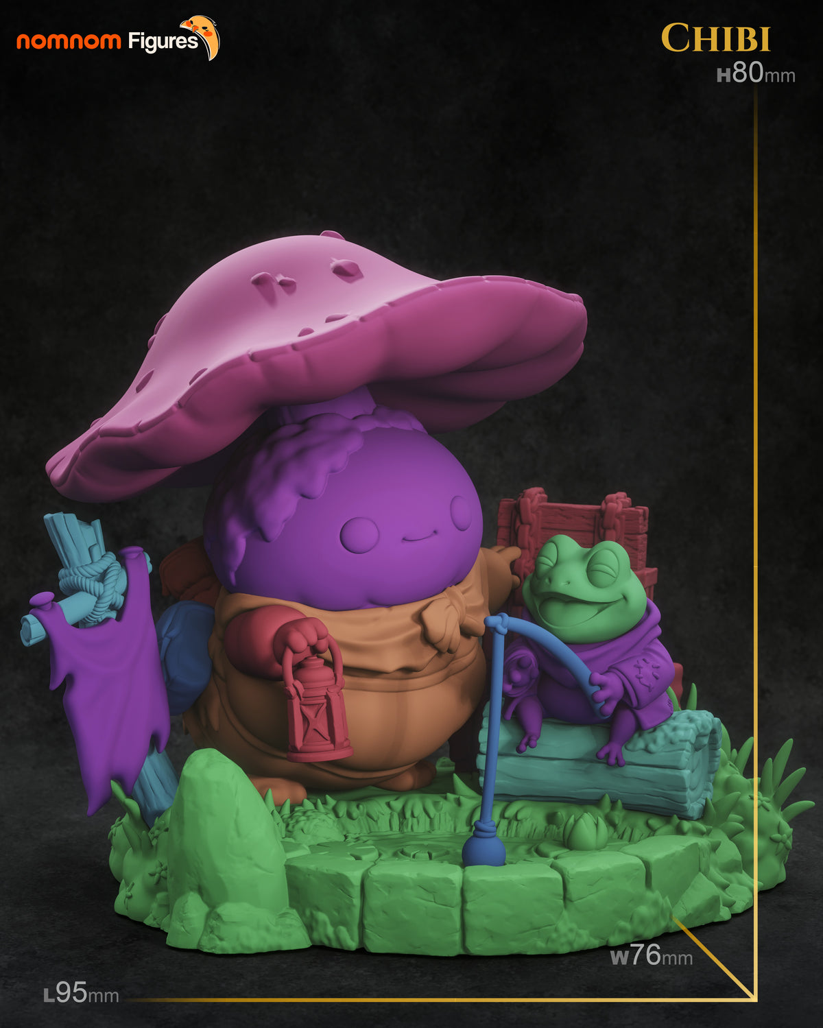 Mushroom Traveler & Fishing Frog Collectible - Chibi Diorama by Nomnom Figures