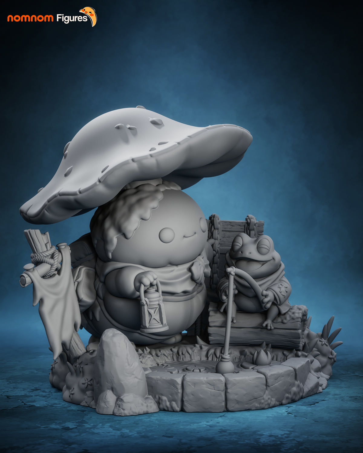 Mushroom Traveler & Fishing Frog Collectible - Chibi Diorama by Nomnom Figures