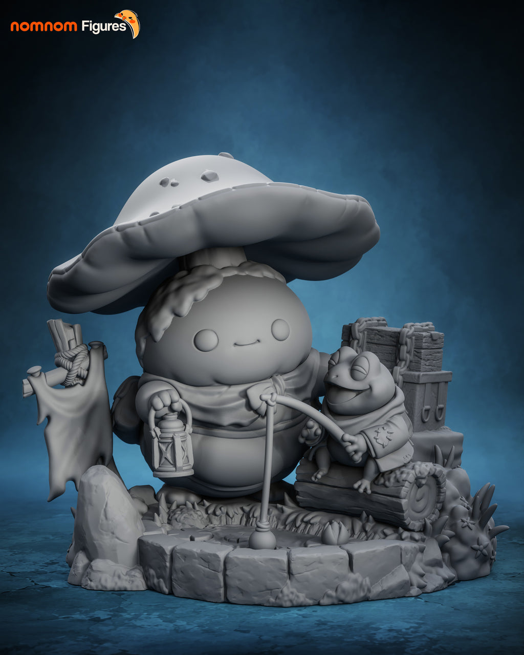 Mushroom Traveler & Fishing Frog Collectible - Chibi Diorama by Nomnom Figures