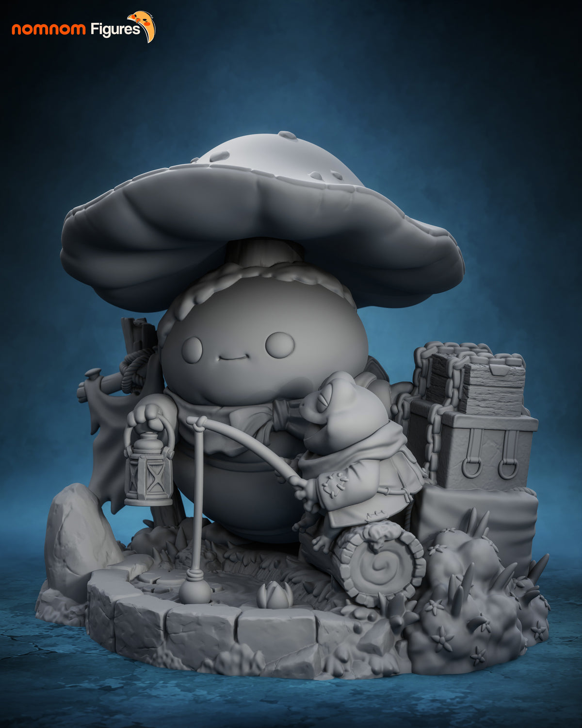 Mushroom Traveler & Fishing Frog Collectible - Chibi Diorama by Nomnom Figures