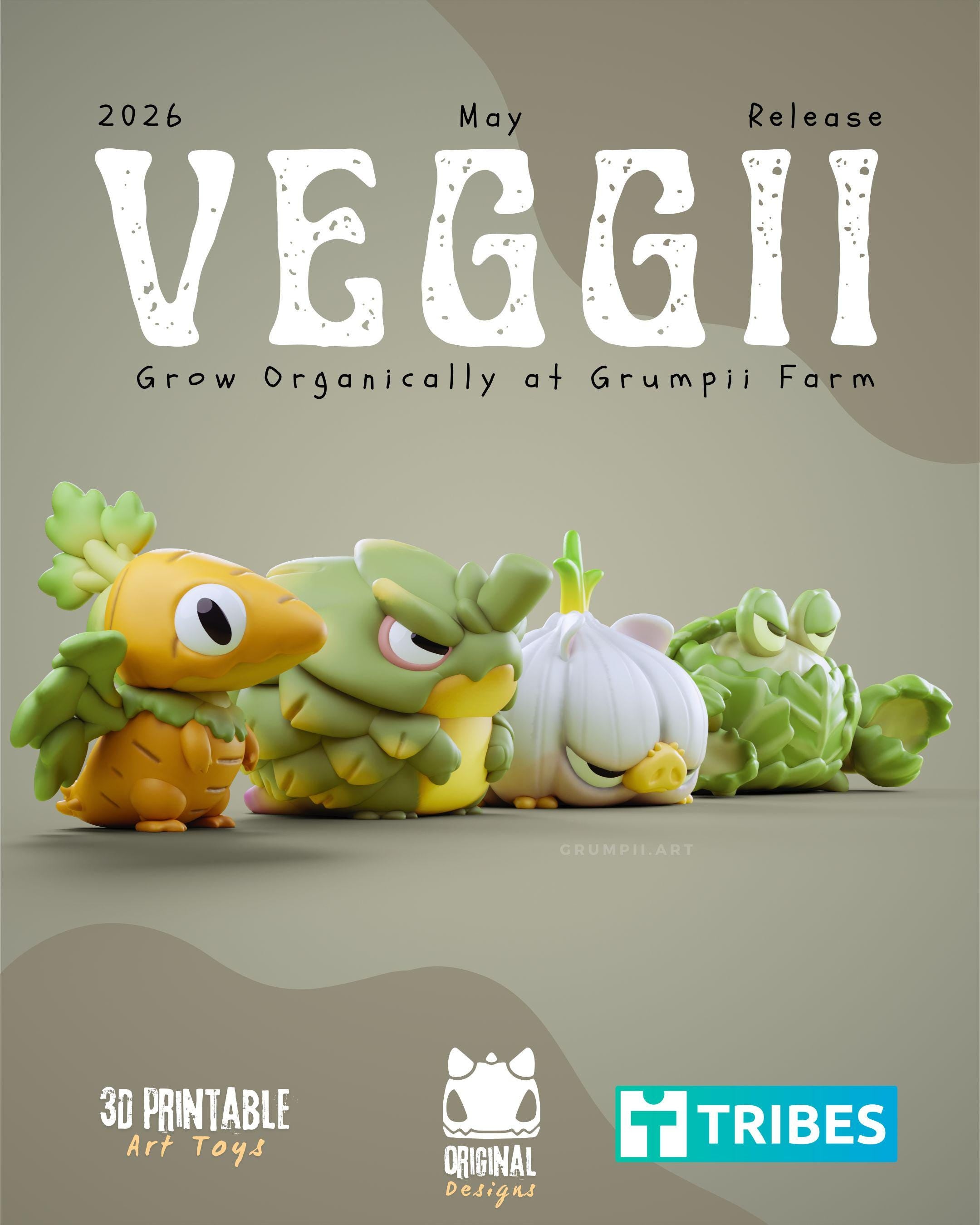 Veggii Grumpii Art Toys – 3D Printable STL Figures, Unpainted Designer Collectible (3 Inch)