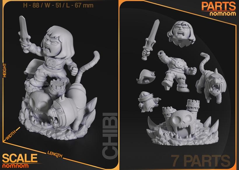 Chibi He-Man Battle Cat Resin Statue | Masters of the Universe Fan Art (Unpainted Kit)