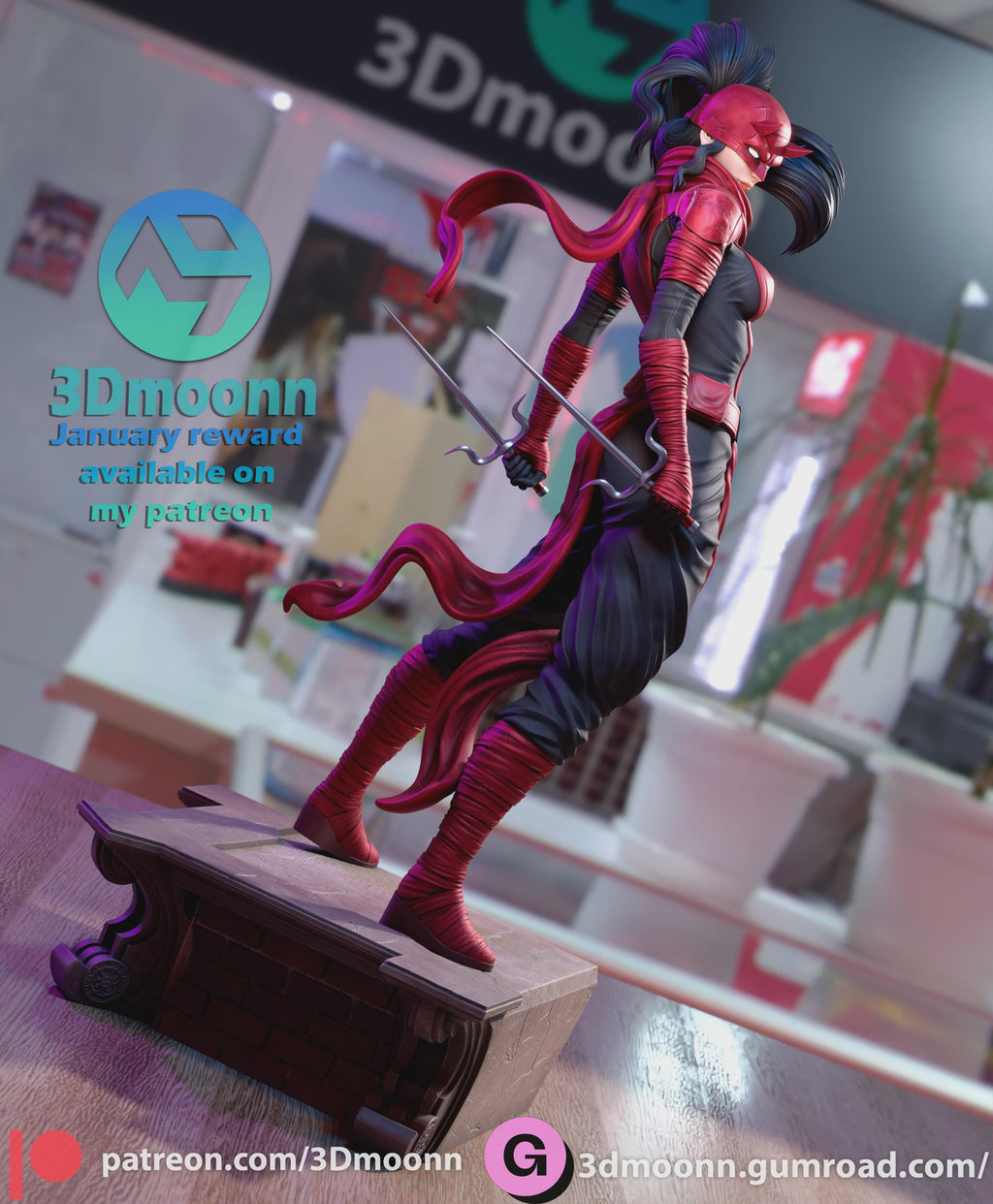 Elektra Marvel Stylized Statue – 3D Printed Resin Model by 3Dmoonn – High-Detail Collector’s Figure